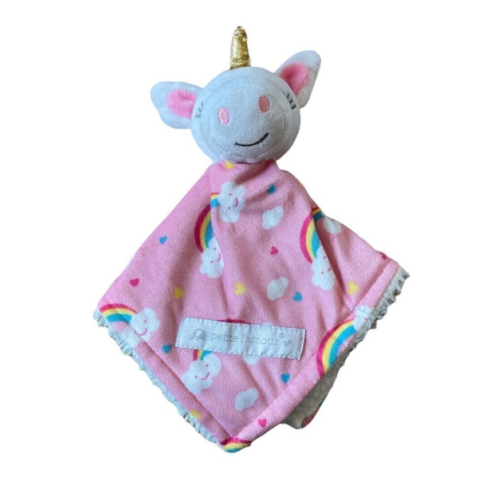 Petite Lamour Unicorn Pink Lovey Security Blanket NuNu Plush Head White Rainbow